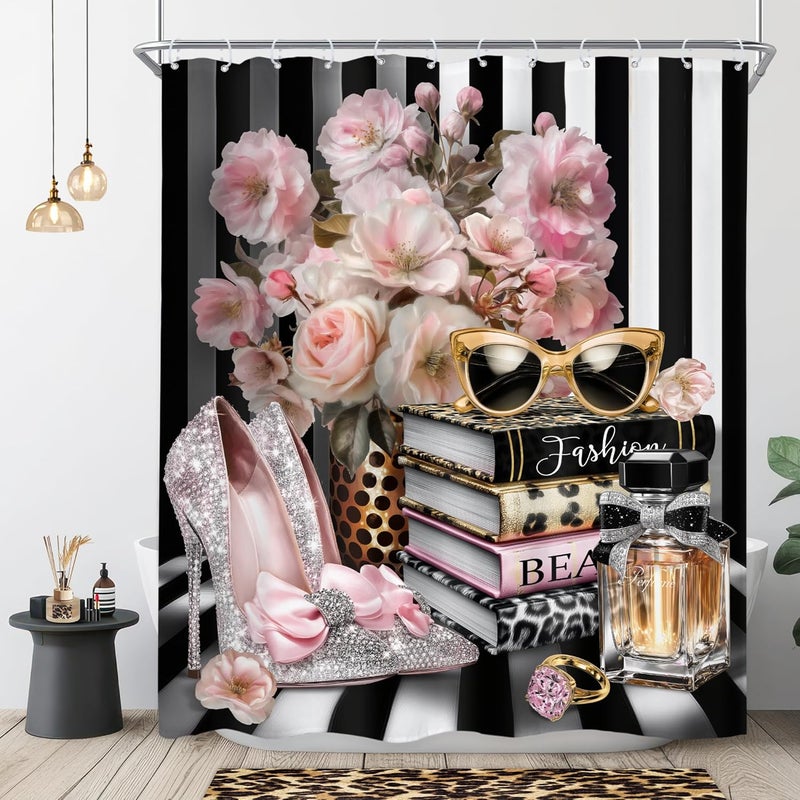 Riyidecor Black and Pink Fashion Shower Curtain 60Wx72H Inch Floral Book Striped Perfume High Heels Magazine Glasses Leopard Girl Women Modern Bathroom Decor Fabric Polyester Waterproof 12 Pack Hooks - Image 1