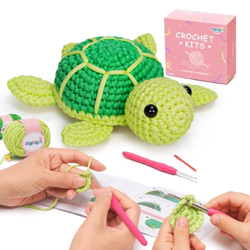 Mewaii Crochet Kit for Beginners Level 1 with 40% Extra Eco-Friendly Pre-Started Easy Yarn, Step-by-Step Video Tutorials for Adults and Kids (Green Sea Turtle) - Image 1
