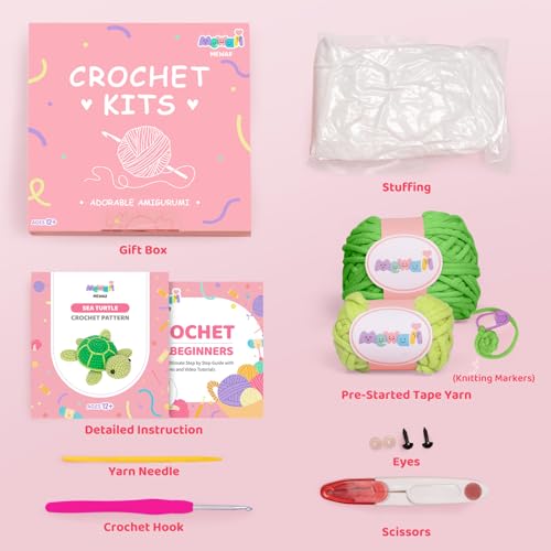 Mewaii Crochet Kit for Beginners Level 1 with 40% Extra Eco-Friendly Pre-Started Easy Yarn, Step-by-Step Video Tutorials for Adults and Kids (Green Sea Turtle) - Image 4