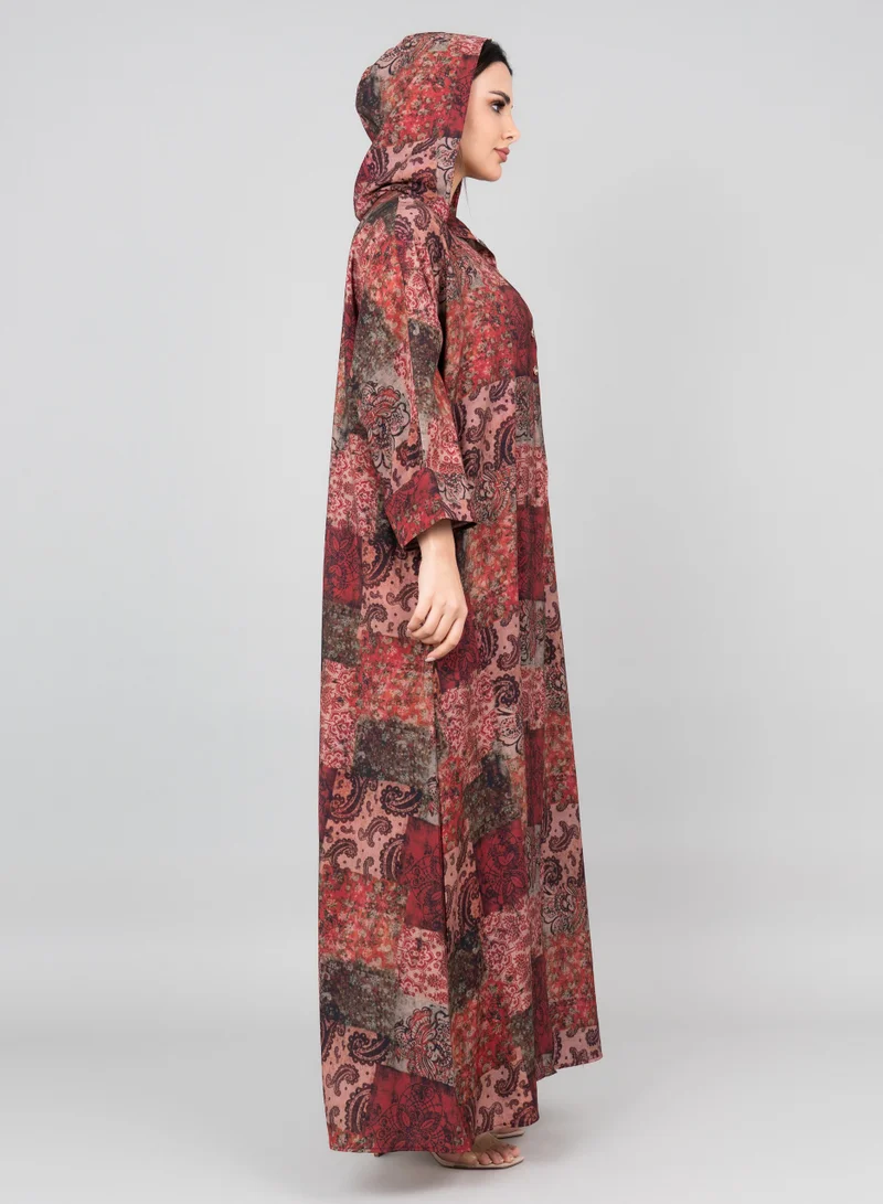 IKKXA Pattern Printed Hooded Jalabiya IK1020 Maroon