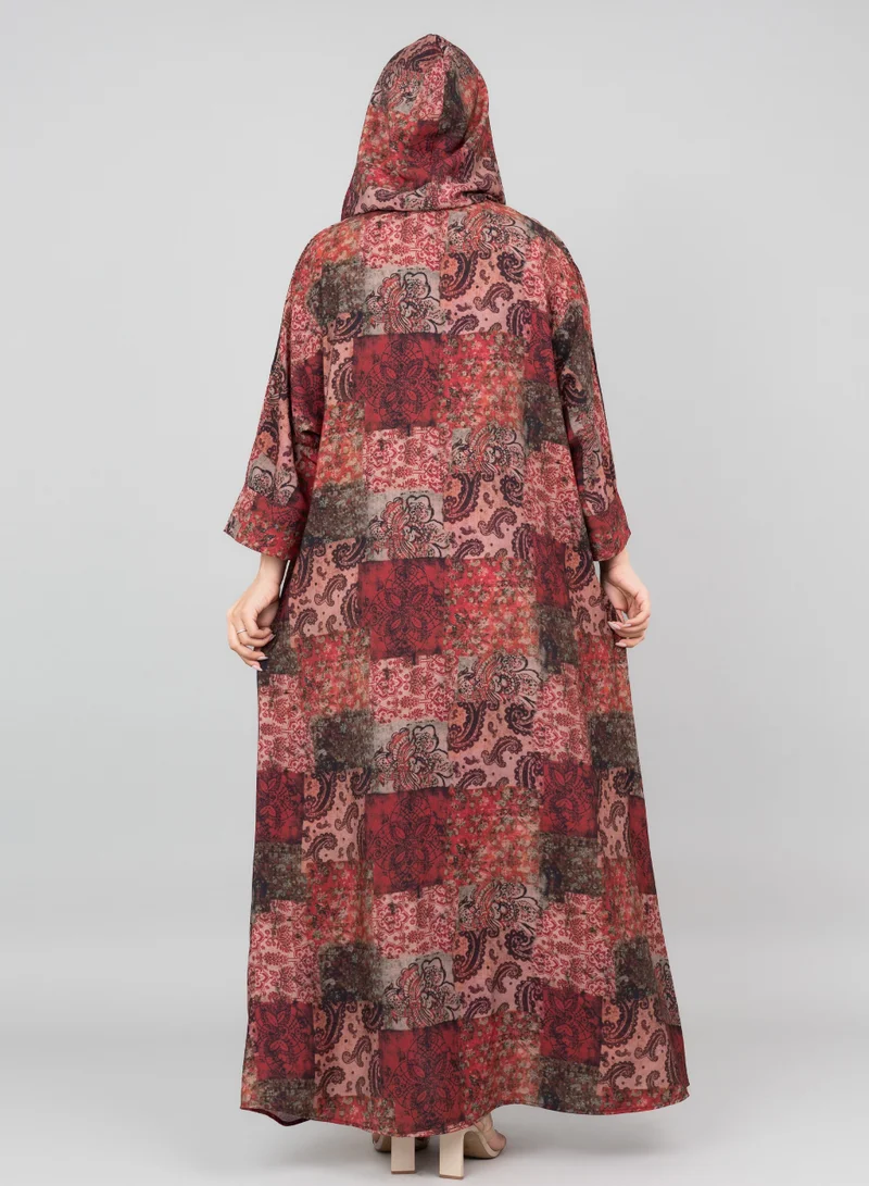 IKKXA Pattern Printed Hooded Jalabiya IK1020 Maroon