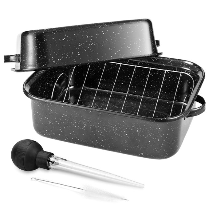 21INCH ROASTING PAN EXTRA LARGE RECTANGLE ROASTING PAN WITH RACK 25LB CAPACITY LARGE ROASTER PAN FOR BAKING TURKEY VRACK AND VERSATILE LID BONE TURKEY BASTER BY