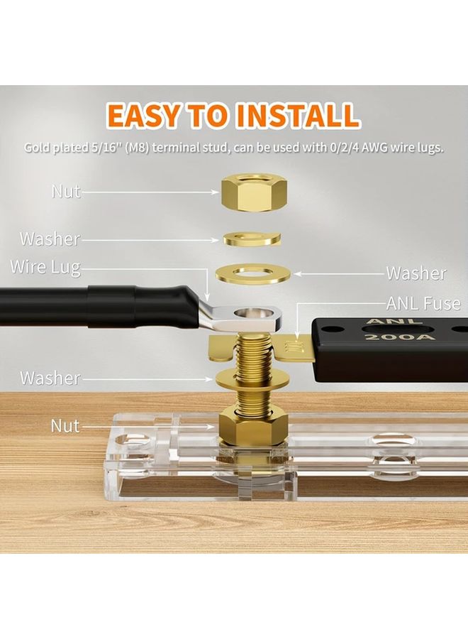 حامل فيوز ANL 200 أمبير لأسلاك قياس 0، 2، 4، 8 AWG، كتلة فيوزات السيارات، عبوة من 2 قطعة - Image 5
