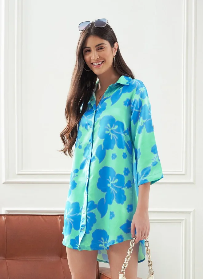 ساسافراس Floral Printed Satin Mini Shirt Dress for Women