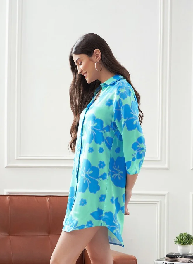 ساسافراس Floral Printed Satin Mini Shirt Dress for Women