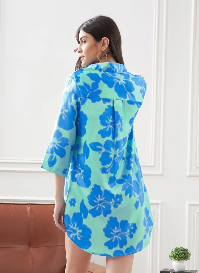 ساسافراس Floral Printed Satin Mini Shirt Dress for Women