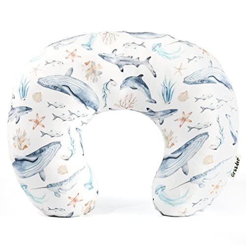 GRSSDER Nursing Pillow Cover Stretchy Minky Removable Nursing Covers for Breastfeeding Pillows Ultra Soft Comfortable Slipcover for Girls and Boys Whale Sea World Pattern