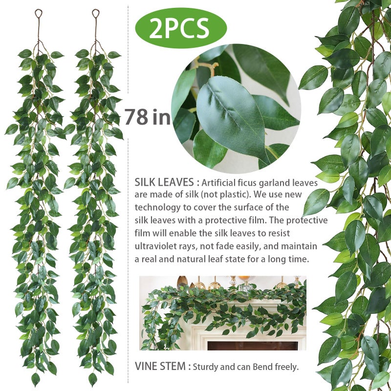 Mizii 2 Strands Artificial Vines Ficus Garland 78" Fake Vine with Silk Green Leaves Faux Hanging Plants Greenery Decorations for Bedroom Table Centerpieces Wall Party Wedding Room Decor (Ficus) - Image 2