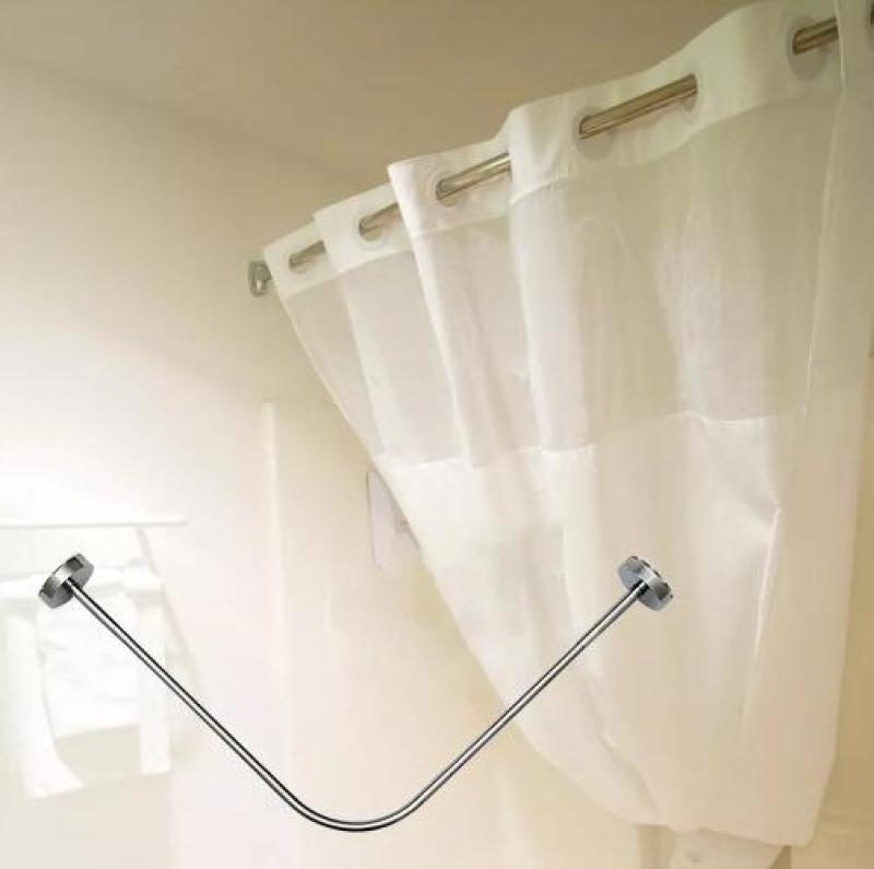 Bathroom curved shower curtain rod without punching L-shaped semi-U-shaped telescopic shower rod stainless steel fan-shaped bath rod clothes drying rod 70-95cm without shower curtain - Image 4