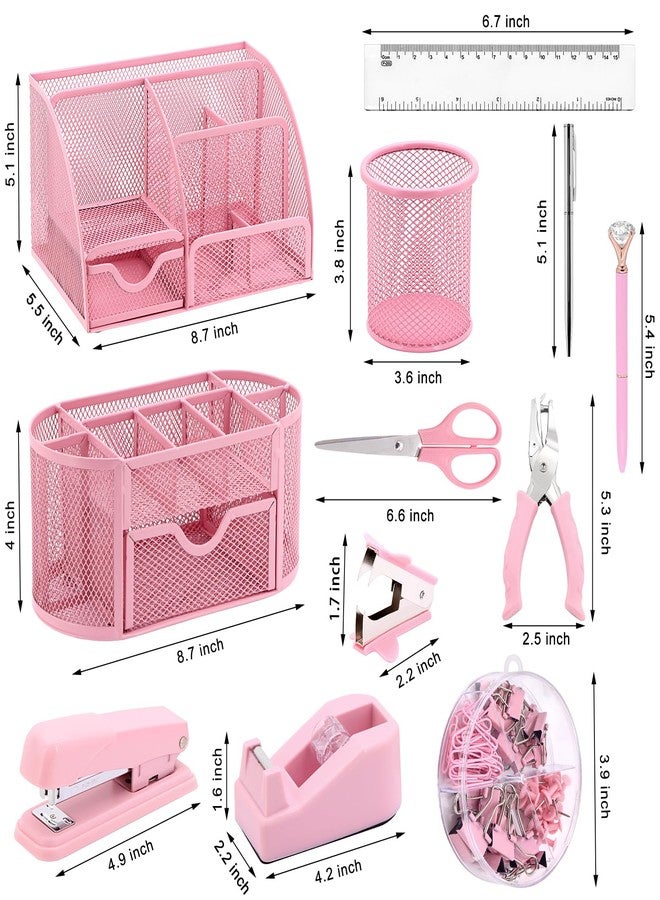 Froidesente 17 in 1 Pink Desk Organizers and Accessories Set, 3 Office Desk Supplies Storage Organization, 4 Pens, Stapler, Staples & Remover, Tape & Dispenser, Scissors, Ruler, Clips, Hole Punch, Back to School - Image 2