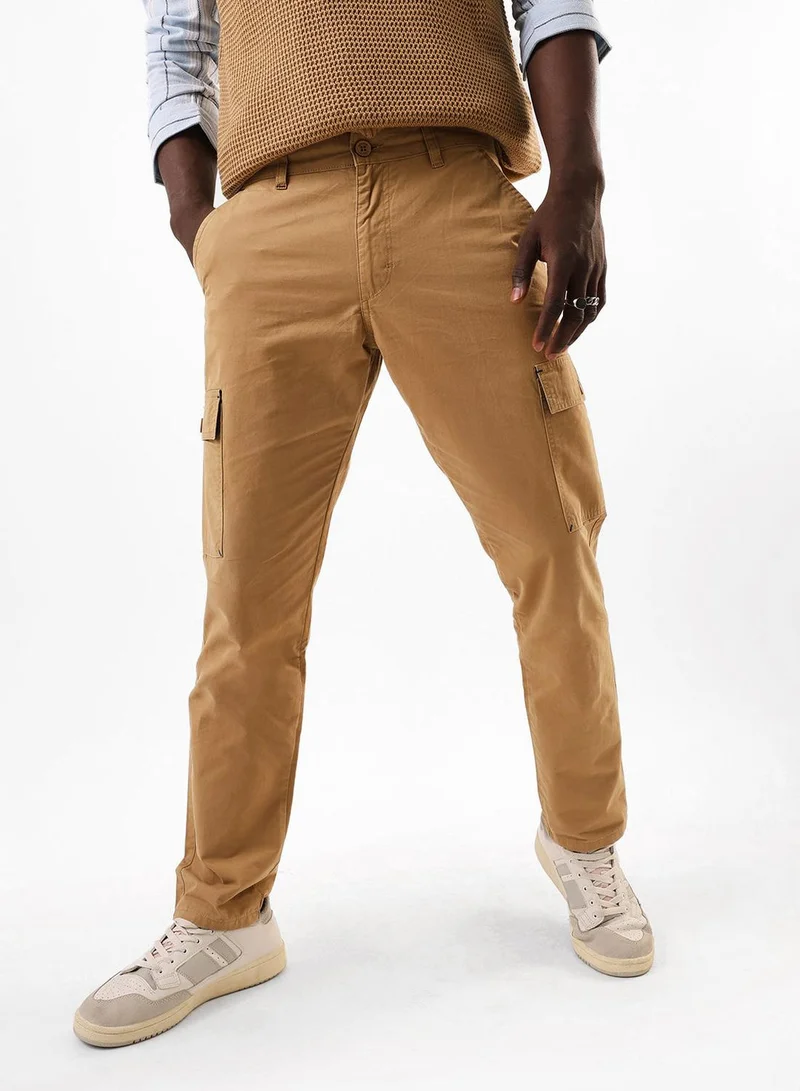 Dennis Lingo Men's Khaki 100% Cotton Full Slim Fit Cargo Trouser