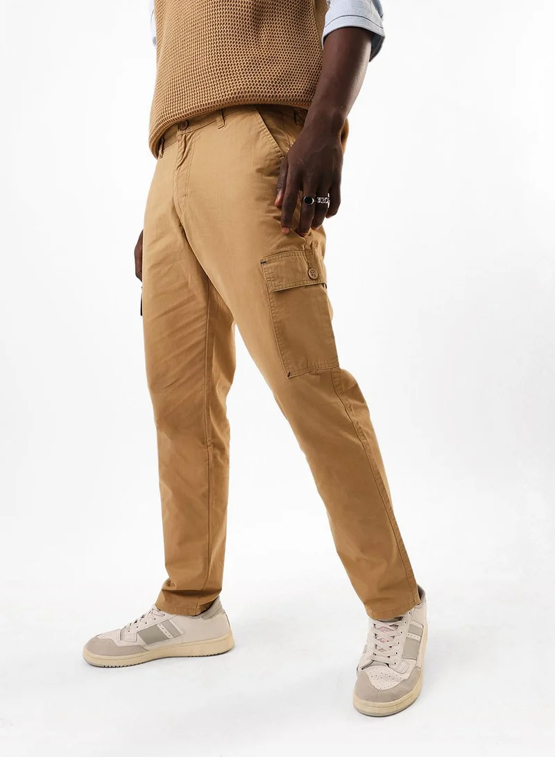 Dennis Lingo Men's Khaki 100% Cotton Full Slim Fit Cargo Trouser
