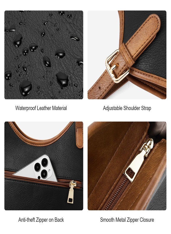 Telena Tote Bag for Women Vegan Leather Purses and Handbags Fashion Top Handle Hobo Bags Black With Brown - Image 5