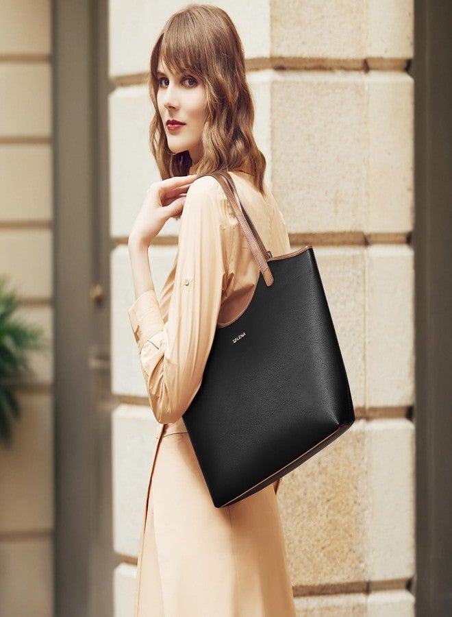 Telena Tote Bag for Women Vegan Leather Purses and Handbags Fashion Top Handle Hobo Bags Black With Brown - Image 2