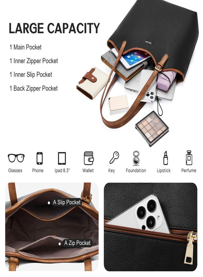 Telena Tote Bag for Women Vegan Leather Purses and Handbags Fashion Top Handle Hobo Bags Black With Brown - Image 4