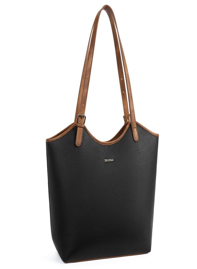 Telena Tote Bag for Women Vegan Leather Purses and Handbags Fashion Top Handle Hobo Bags Black With Brown - Image 1