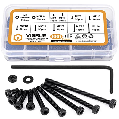 VIGRUE 660Pcs M2 Screws Set Black, M2 x 4/6/8/10/12/16/20/25/30mm Hex Socket Head Cap Screws Nuts Washers Assortment Kit, 12.9 Grade Alloy Steel Assorted Screws, Fully Machine Threaded, Allen Socket Drive - Image 1