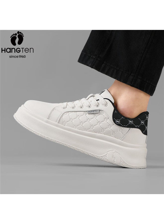 Hang Ten Men's Trendy Casual Embossed White Low-top Thick-soled Sneakers, Spring New, Black Beige, Size 40 - Image 3