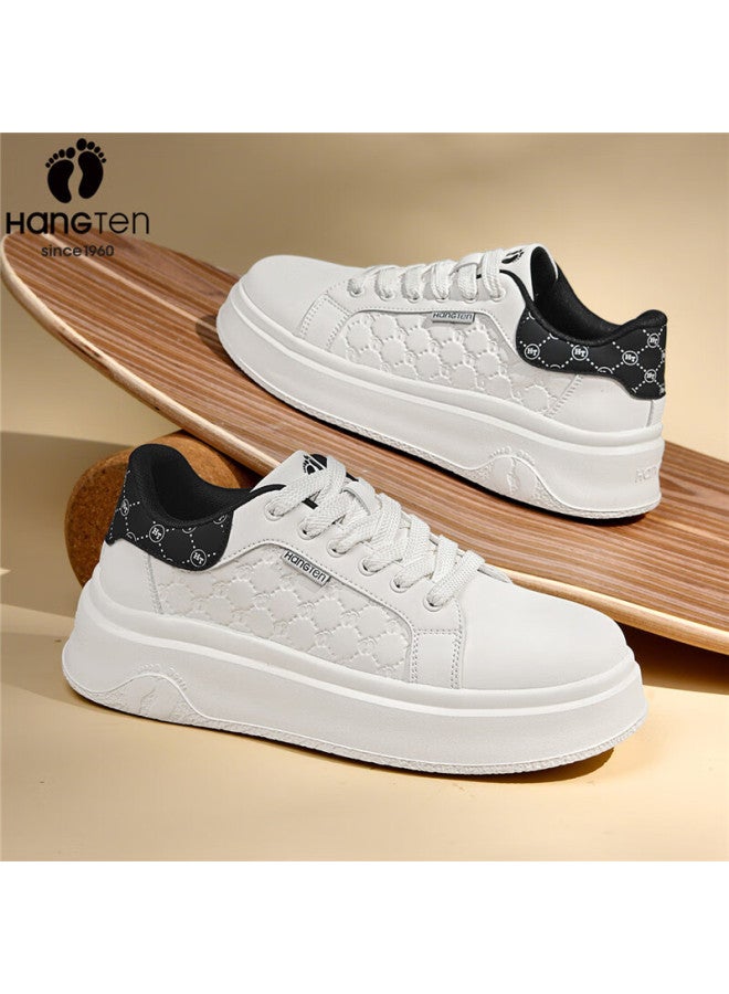 Hang Ten Men's Trendy Casual Embossed White Low-top Thick-soled Sneakers, Spring New, Black Beige, Size 40 - Image 1
