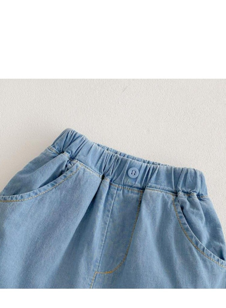 ChildrenThin Denim Short Sleeved Shirt Shorts Set Dress Soft Denim Crawling Suit - Image 4