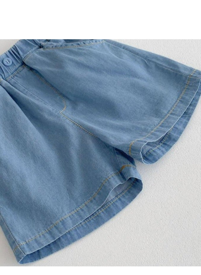 ChildrenThin Denim Short Sleeved Shirt Shorts Set Dress Soft Denim Crawling Suit - Image 5