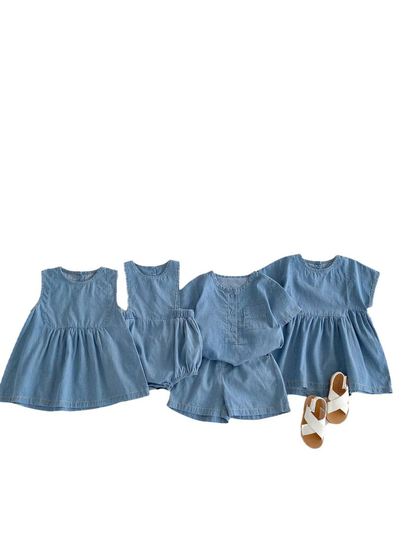 ChildrenThin Denim Short Sleeved Shirt Shorts Set Dress Soft Denim Crawling Suit - Image 2