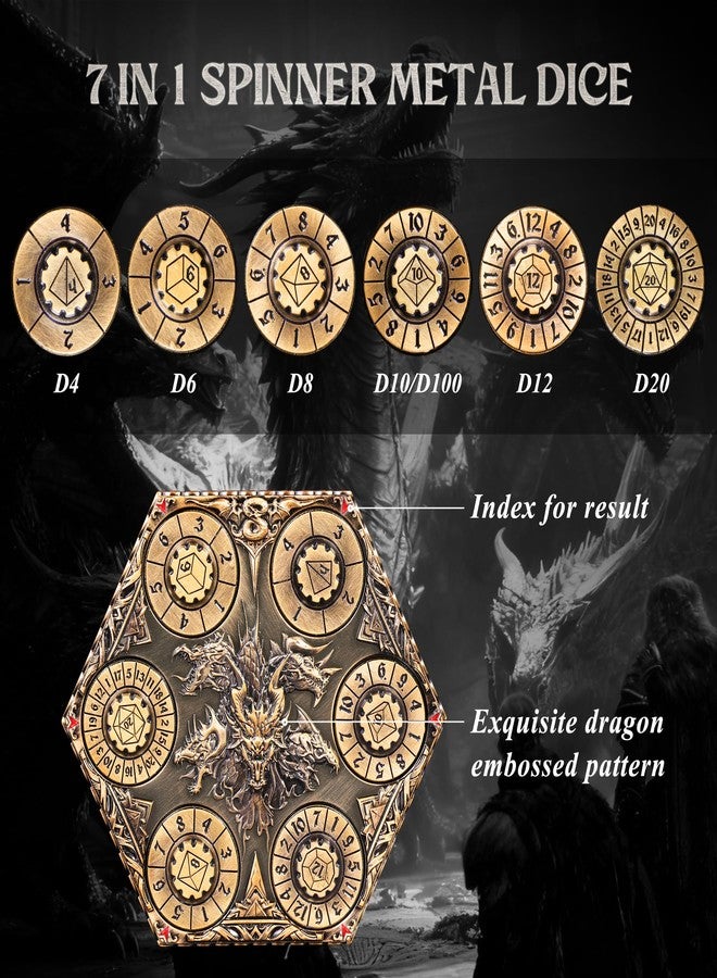 Kabinka DND Dice Set, 7 in 1 Metal Spin-Dial Dice with Storage Bag, Portable Celtic Knot D&D Dice for D4/D6/D8/D10/D12/D20 Role Playing Board Games (Matte Gold) - Image 2