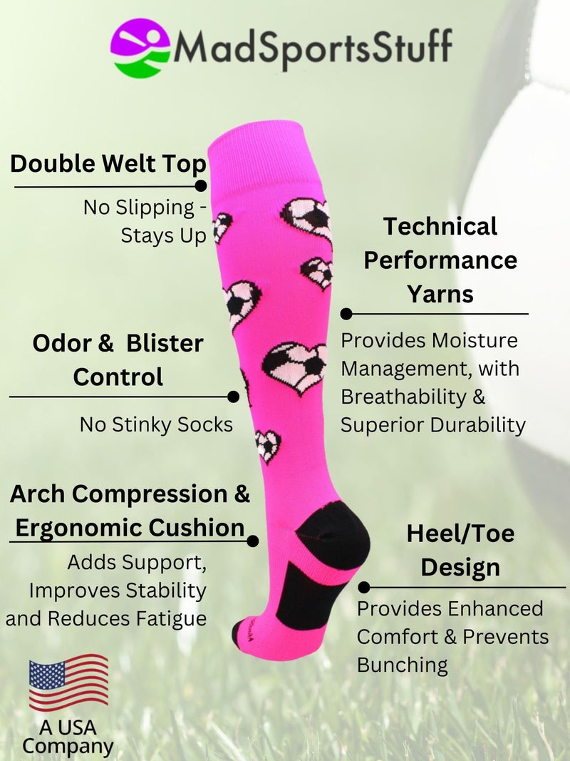 MadSportsStuff Love Soccer Hearts Socks Over the Calf (Neon Pink Small) - Image 3