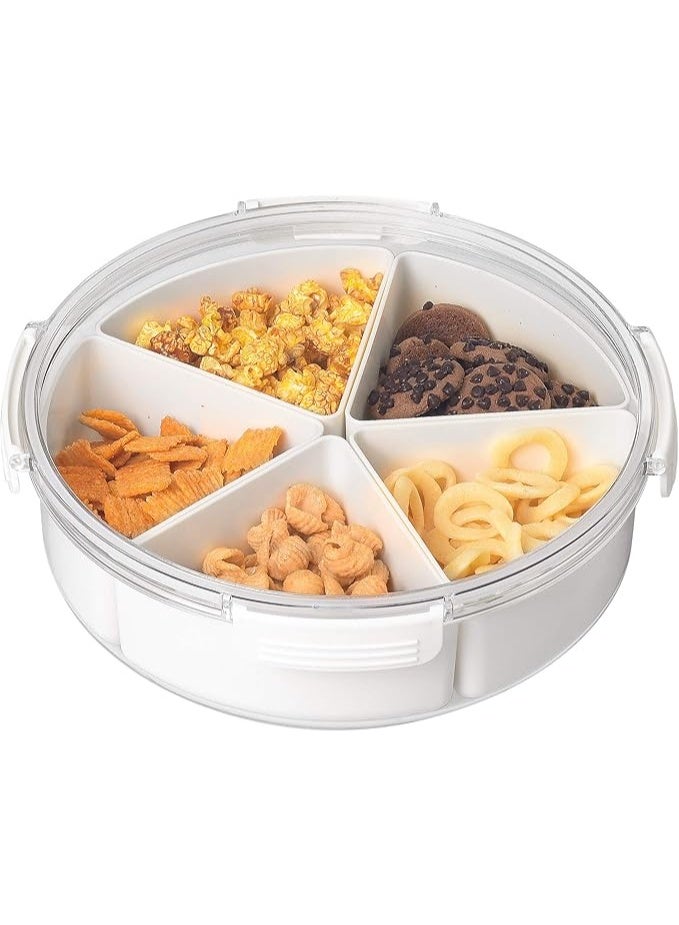 ايست من نون صينية تقديم دائرية مقسمة، 5 أقسام للمكسرات والتمور والوجبات الخفيفة مع غطاء شفاف، حاوية تخزين الطعام في الحفلات المنزلية وتنظيم المطبخ 28.8 × 28.8 × 8.7 سم - Image 1