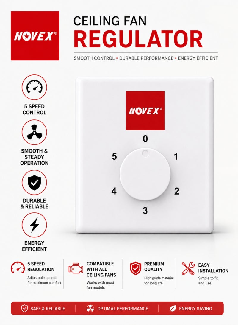 NOVEX Ceiling Fan Regulator 5 Speed, 220-240V, 80W, 0.35A, Rotary Fan Speed Controller, Smooth & Steady Operation, Energy Efficient, Wall Mounted - Image 5