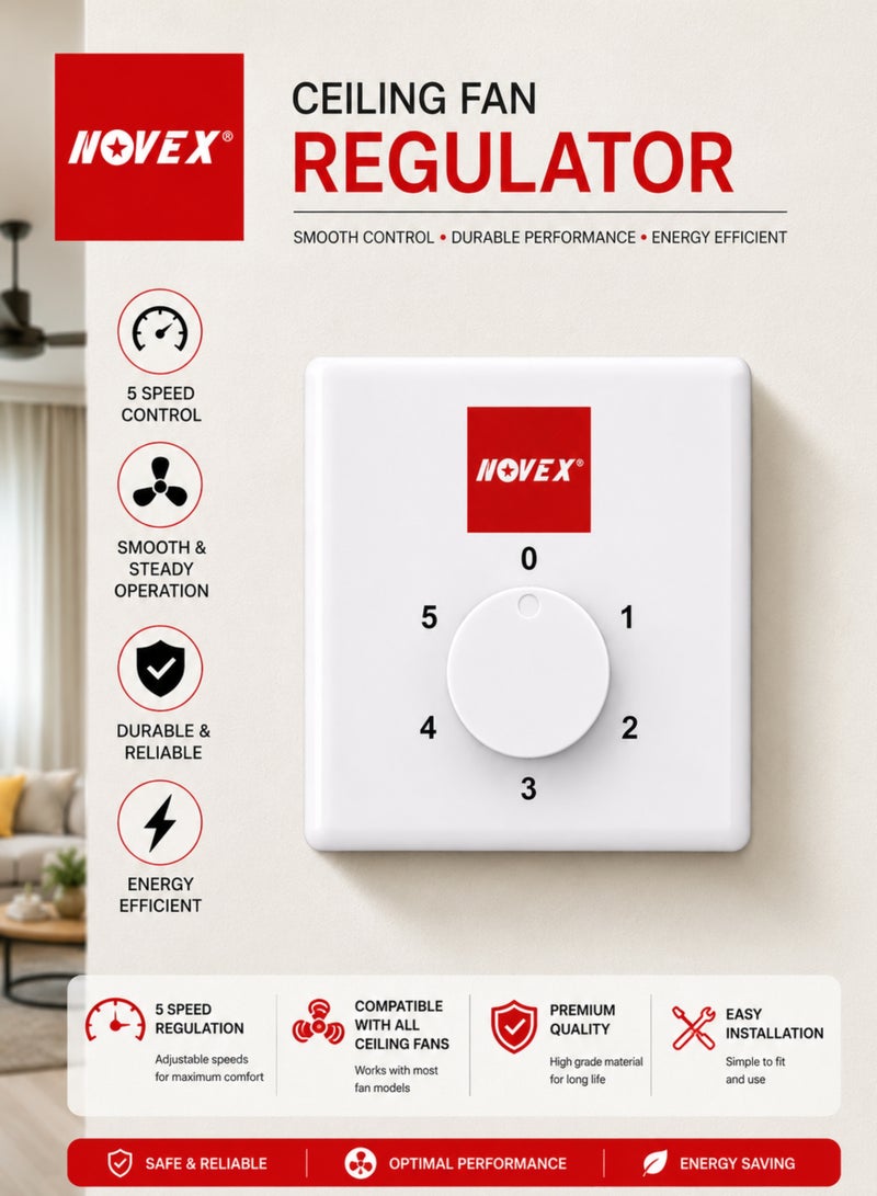 NOVEX Ceiling Fan Regulator 5 Speed, 220-240V, 80W, 0.35A, Rotary Fan Speed Controller, Smooth & Steady Operation, Energy Efficient, Wall Mounted - Image 1