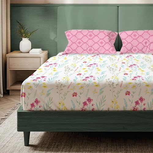 Urban Space Printed Bedsheet for Double Bed with 2 Pillow Covers, Glaced Cotton Microfiber Queen Size Bedsheet, Soft-Breathable Wrinkel Free Bedsheet (90 x 100 Inches - France Pink) - Image 1