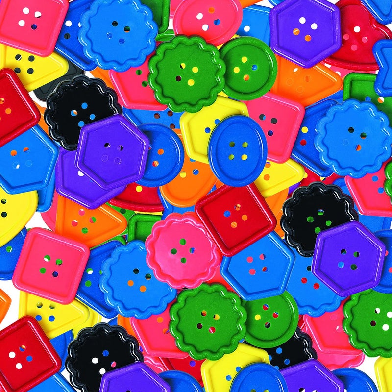 Fun Express Jumbo Buttons for Crafts Bulk Set 94 Extra Large Plastic 8 Vivid Colors Shapes 2 Inch Big Buttons for Kids Classroom Activities Sorting Games DIY Art Projects