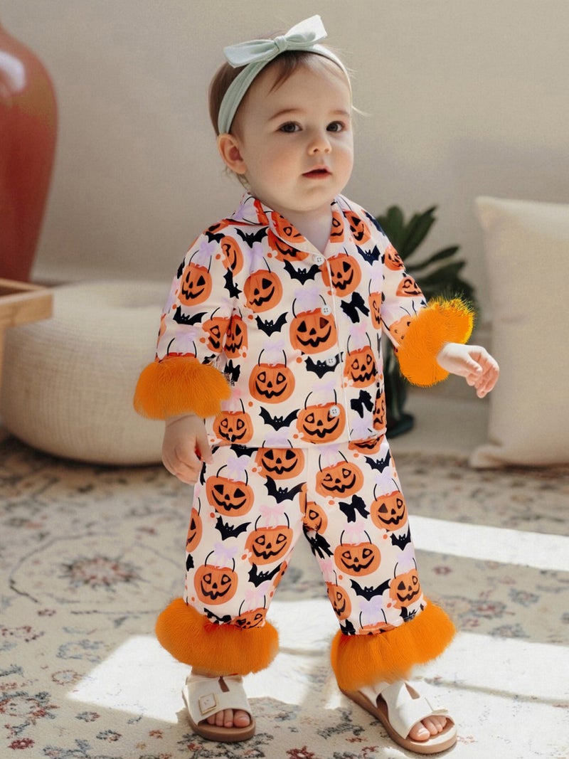 Baby Girls Halloween Pajamas Set Feather Cuffs Pumpkin Print Button up Shirt and Elastic Pants for Loungewear - Image 4