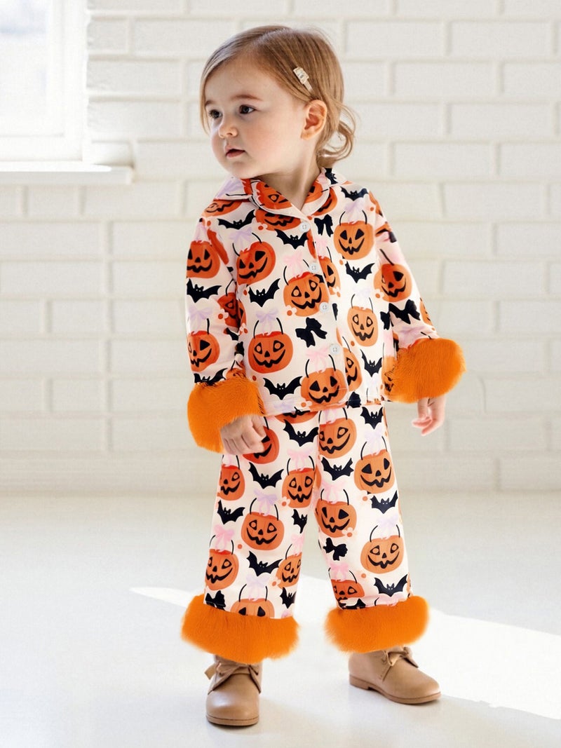 Baby Girls Halloween Pajamas Set Feather Cuffs Pumpkin Print Button up Shirt and Elastic Pants for Loungewear - Image 1