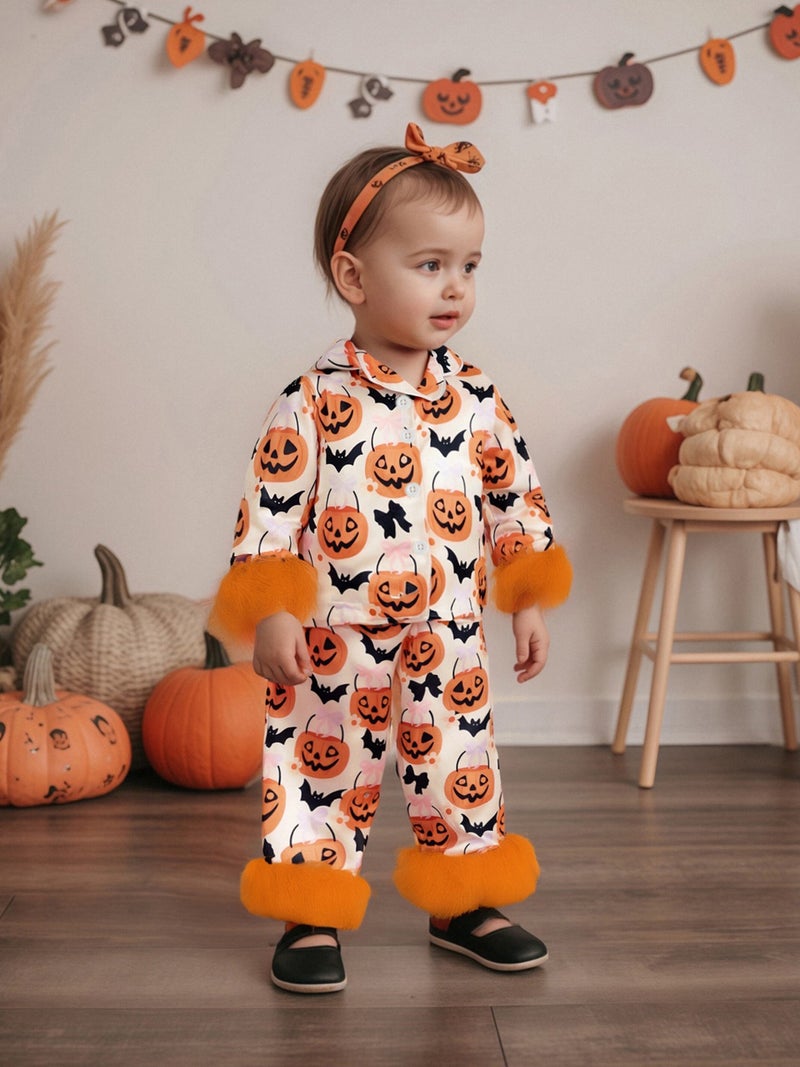 Baby Girls Halloween Pajamas Set Feather Cuffs Pumpkin Print Button up Shirt and Elastic Pants for Loungewear - Image 2