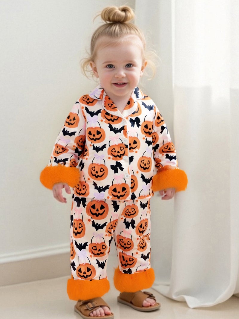 Baby Girls Halloween Pajamas Set Feather Cuffs Pumpkin Print Button up Shirt and Elastic Pants for Loungewear - Image 3