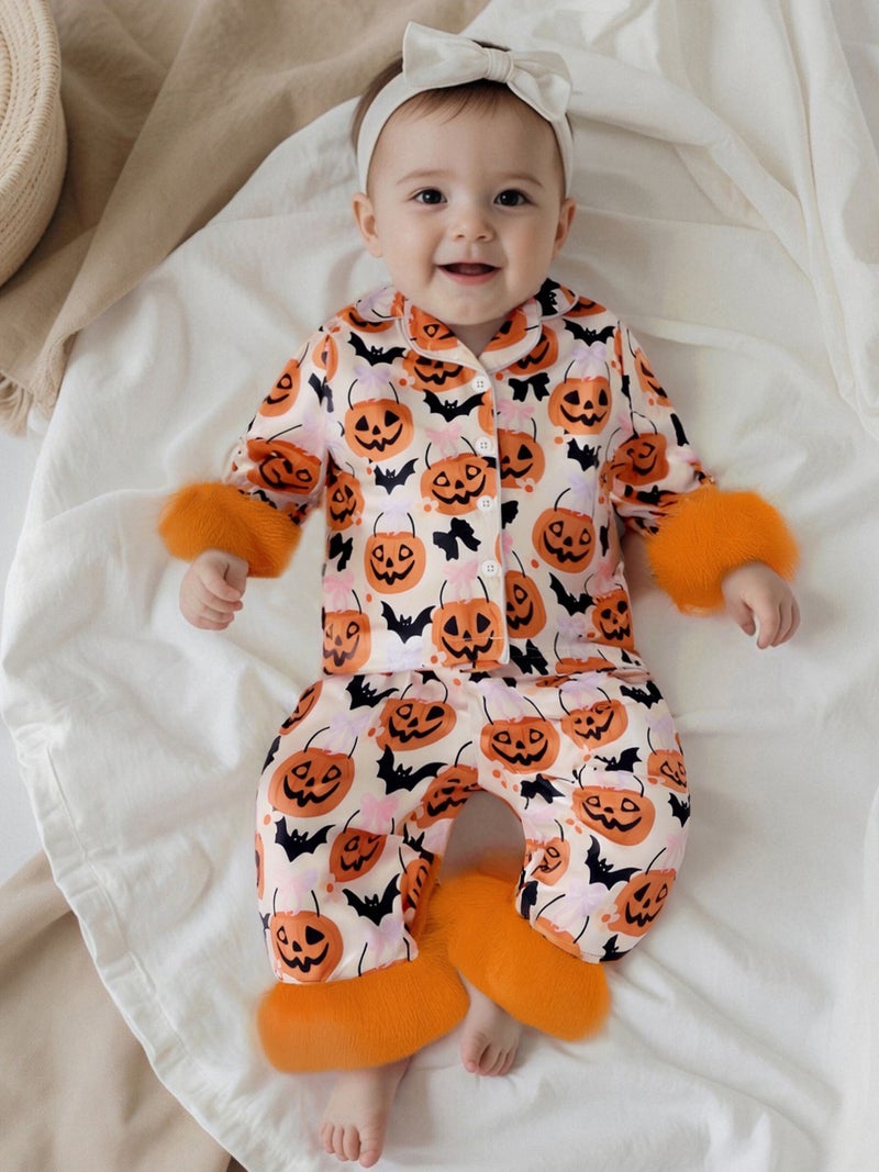 Baby Girls Halloween Pajamas Set Feather Cuffs Pumpkin Print Button up Shirt and Elastic Pants for Loungewear - Image 5