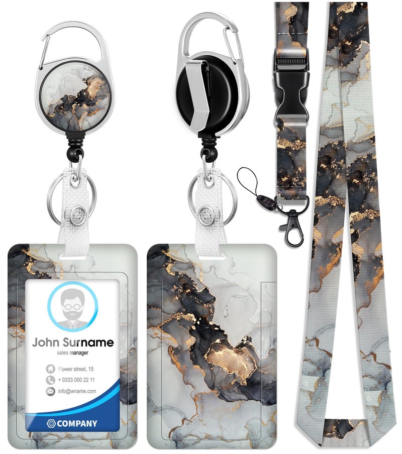 Toykee ID Badge Holder with Lanyard and Retractable Badge Reel Clip, Marble Card Name Tag Lanyard Vertical ID Protector Bage Clips for Men Women Nurse Nursing Doctor Teacher Student Grey - Image 1