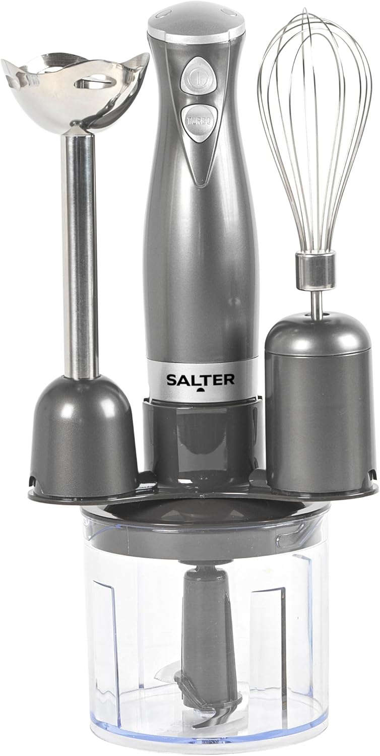 Salter Cosmos EK2827GUNMETALFVDE 3-in-1 Hand Blender, Whisk, Mixer and Chopper, Vegetable Cutter, Stainless Steel Blades, 500 ml Bowl, 2 Speeds, 350 W, EK2827GUNMETALFVDE - Image 1