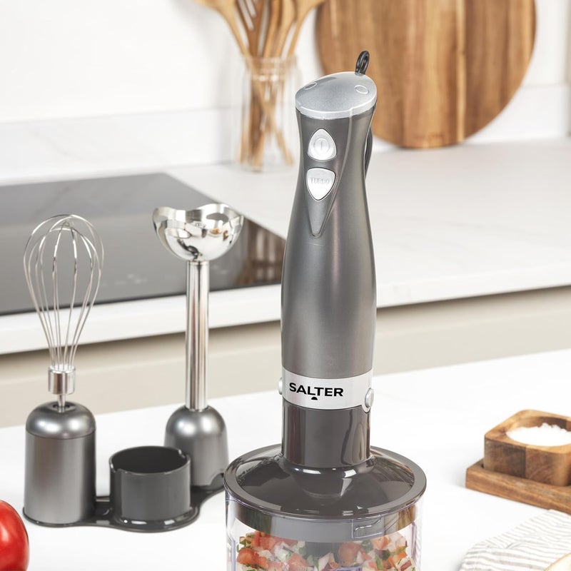 Salter Cosmos EK2827GUNMETALFVDE 3-in-1 Hand Blender, Whisk, Mixer and Chopper, Vegetable Cutter, Stainless Steel Blades, 500 ml Bowl, 2 Speeds, 350 W, EK2827GUNMETALFVDE - Image 4