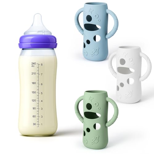 Mity rain 3 Pack Silicone Sleeves for Lansinoh Glass Bottles 8 OZ Anti Breakage Baby Bottle Holder Compatible with Lansinoh Glass Bottles for Babies with Handle - Image 1