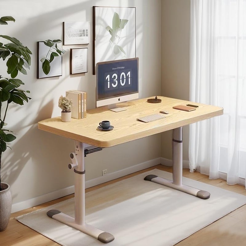 MOZOGOT Home Office Desk Height Adjustable Office Desk, Manual Lifting Table Stand Up Computer Desk Office Table Kid's Study Desk Table 100 X 60cm (Natural) - Image 1