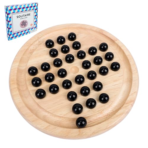 Offelec Wooden Solitaire Board Game with 33 Piece Black Glass Marbles Classic One Player Gameplay Strategy Puzzle Board Games Kids Adults Fun Family Tabletop Toys Birthday GiftTable Games - Image 1