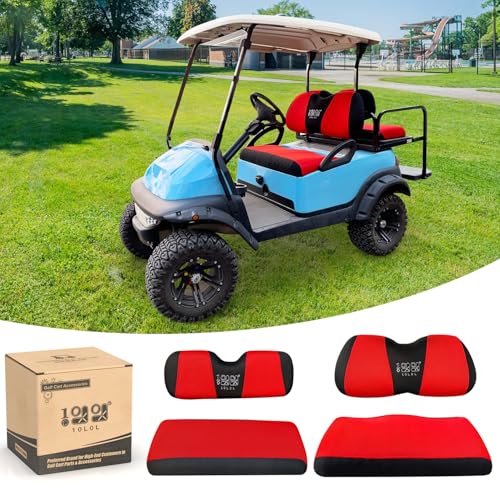 10L0L Golf Cart Front and Rear Seat Cover Set for Club Car Precedent/Onward/Tempo & Yamaha G29 Drive/Drive 2,Stylish 4 Passenger Front Back Seat Covers,Breathable Washable Polyester Mesh (Black/Red) - Image 1