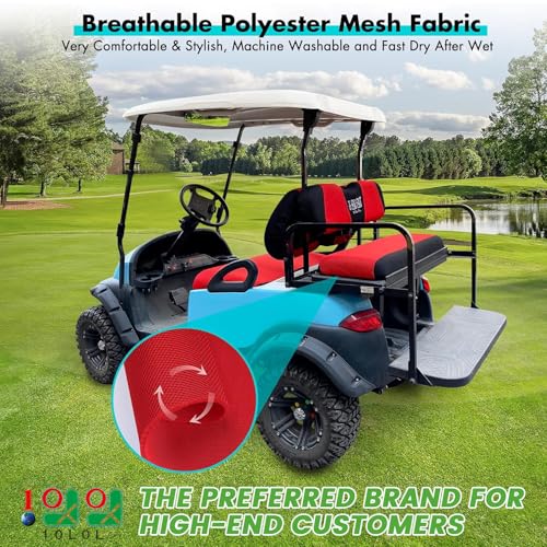 10L0L Golf Cart Front and Rear Seat Cover Set for Club Car Precedent/Onward/Tempo & Yamaha G29 Drive/Drive 2,Stylish 4 Passenger Front Back Seat Covers,Breathable Washable Polyester Mesh (Black/Red) - Image 2