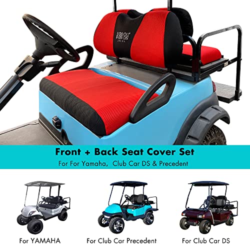 10L0L Golf Cart Front and Rear Seat Cover Set for Club Car Precedent/Onward/Tempo & Yamaha G29 Drive/Drive 2,Stylish 4 Passenger Front Back Seat Covers,Breathable Washable Polyester Mesh (Black/Red) - Image 4