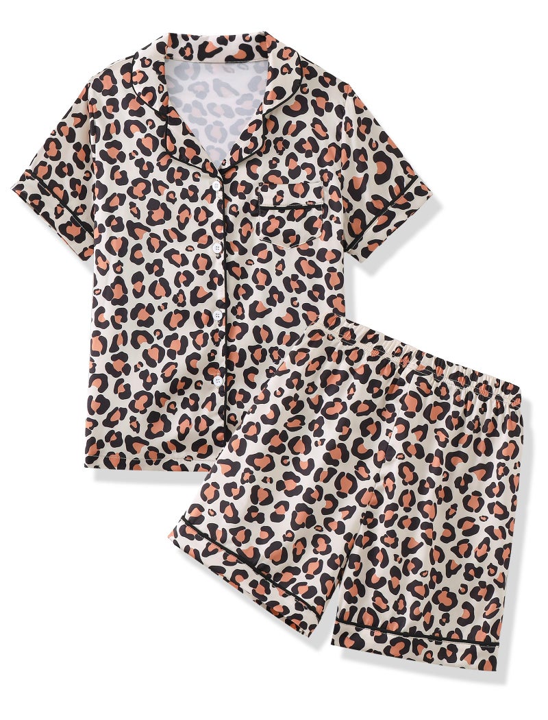 Mikrdoo Girls Pajamas 2 Piece Summer Silk Satin Short Sleeve Pjs Set Soft Brown Leopard Sleepwear for Kids Size 10 Years - Image 1