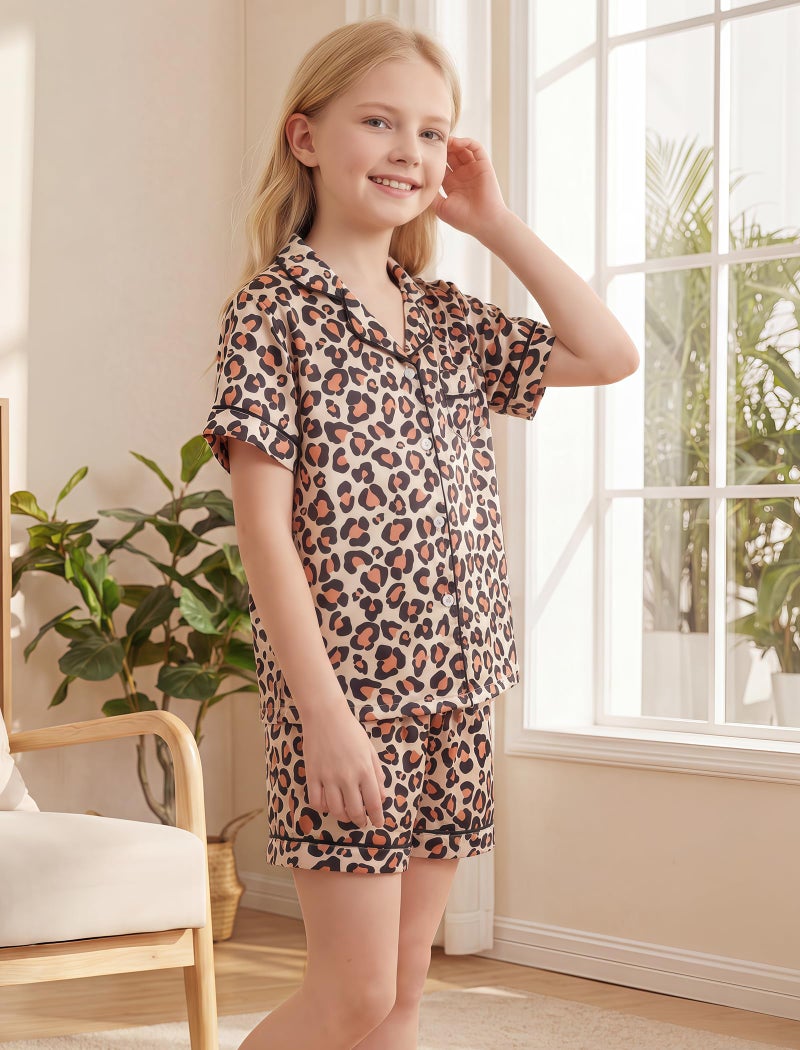 Mikrdoo Girls Pajamas 2 Piece Summer Silk Satin Short Sleeve Pjs Set Soft Brown Leopard Sleepwear for Kids Size 10 Years - Image 3