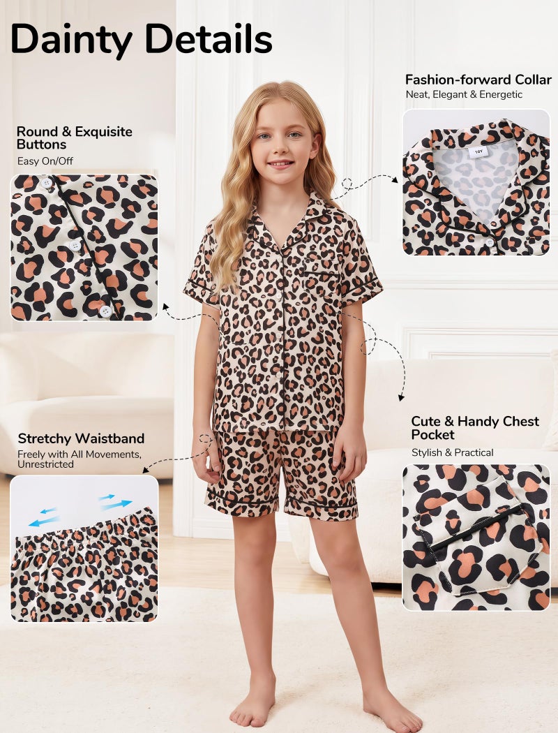 Mikrdoo Girls Pajamas 2 Piece Summer Silk Satin Short Sleeve Pjs Set Soft Brown Leopard Sleepwear for Kids Size 10 Years - Image 5
